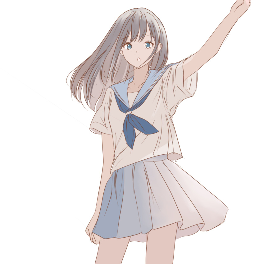 1girl absurdres arm_up blue_eyes blue_neckerchief blue_sailor_collar blue_skirt brown_hair collarbone highres long_hair looking_at_viewer neckerchief open_mouth original pleated_skirt sailor_collar school_uniform serafuku shirt simple_background skirt solo standing tisato_yuki white_background white_shirt wind