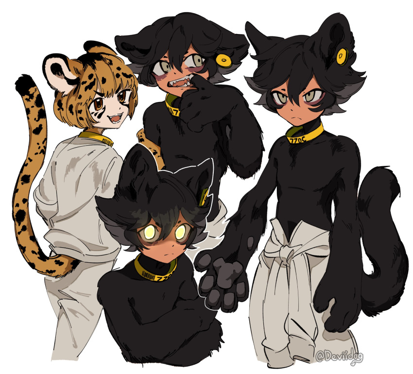 2boys animal_ears animal_hands arm_grab artist_name bags_under_eyes black_fur black_hair body_fur brown_eyes brown_hair cat_boy cat_ears cat_tail cheetah_boy cheetah_ears cheetah_tail claws cowboy_shot deviidog0 ear_piercing english_commentary fangs glowing glowing_eyes hand_up highres holding_own_arm long_sleeves looking_at_viewer male_focus monster_boy mouth_pull multicolored_hair multiple_boys open_mouth original piercing short_hair simple_background tail topless_male twitter_username two-tone_hair white_background yellow_collar yellow_eyes