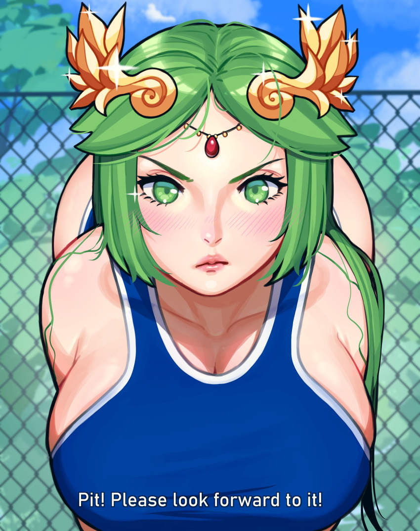 1girl absurdres ass azumanga_daioh bent_over blue_one-piece_swimsuit blush breasts chain-link_fence cleavage english_commentary english_text fence forehead_jewel green_eyes green_hair highres huge_breasts kid_icarus kid_icarus_uprising laurel_crown long_hair looking_at_viewer mariezone one-piece_swimsuit palutena parody pout scene_reference school_swimsuit solo subtitled swimsuit very_long_hair