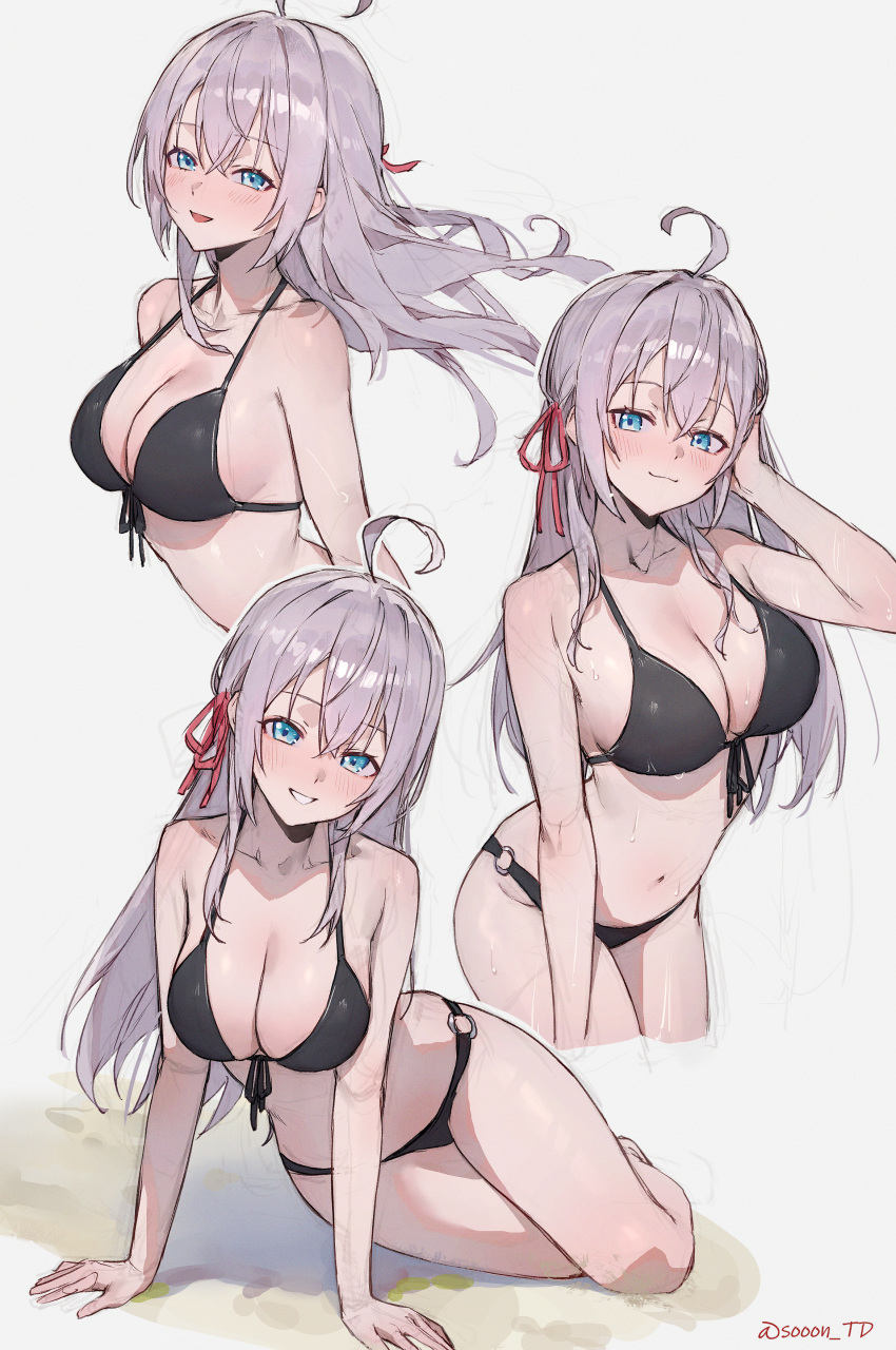 1girl absurdres ahoge alisa_mikhailovna_kujou arm_support arm_up artist_name bare_arms bare_shoulders bikini black_bikini blue_eyes blush breasts cleavage closed_mouth collarbone commentary_request cowboy_shot grey_background grey_hair hair_ribbon highres large_breasts looking_at_viewer multiple_views navel open_mouth red_ribbon ribbon seiza simple_background sitting smile sooon stomach swimsuit thighs tokidoki_bosotto_roshia-go_de_dereru_tonari_no_arya-san