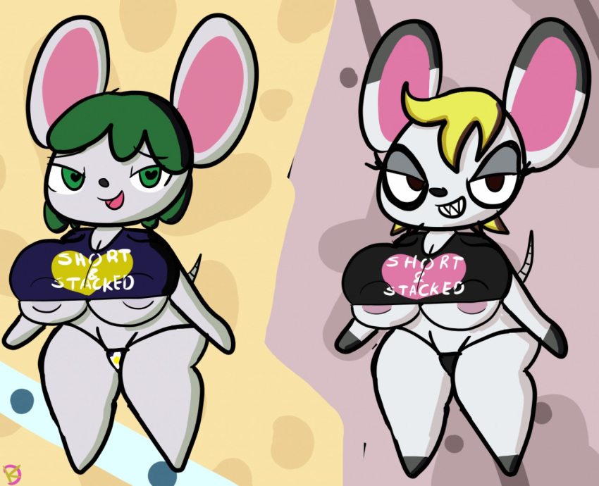 animal_crossing anthro areola areola_slip bedroom_eyes bella_(animal_crossing) big_breasts breasts bree_(animal_crossing) bursting_breasts clothed clothing duo female half-closed_eyes heart_eyes heart_symbol klutzatdusk looking_at_viewer mammal mouse murid murine narrowed_eyes nintendo nipple_outline rodent seductive short_stack skimpy under_boob wide_hips