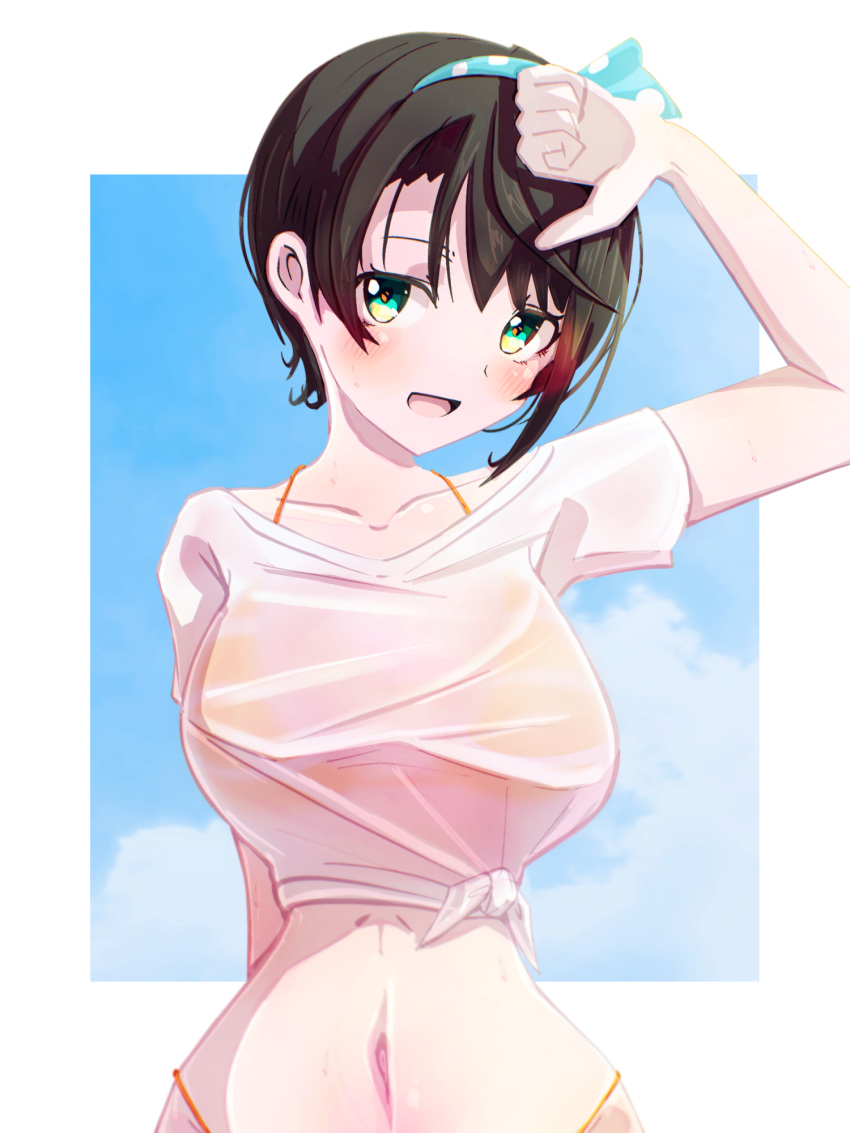 1girl arm_up bikini bikini_under_clothes black_hair blue_eyes blue_headband blue_sky blush breasts cloud headband highres hololive large_breasts looking_at_viewer official_alternate_costume oozora_subaru oozora_subaru_(hololive_summer_2019) open_mouth polka_dot_headband qwq_oekaki shirt short_hair sky smile solo swimsuit virtual_youtuber white_shirt