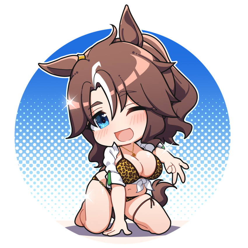 1girl animal_ears arm_support barefoot bikini black_bikini blue_background blue_eyes blush breasts brown_hair chibi commentary ear_ornament foreshortening gyaru_w highres horse_ears horse_girl horse_tail jewelry kneeling large_breasts long_hair looking_at_viewer mejiro_palmer_(umamusume) multicolored_hair navel no_nose open_mouth parted_bangs print_bikini shirt smile solo sparkle streaked_hair swimsuit tail thighs tied_shirt umamusume warashi white_background white_shirt yellow_bikini