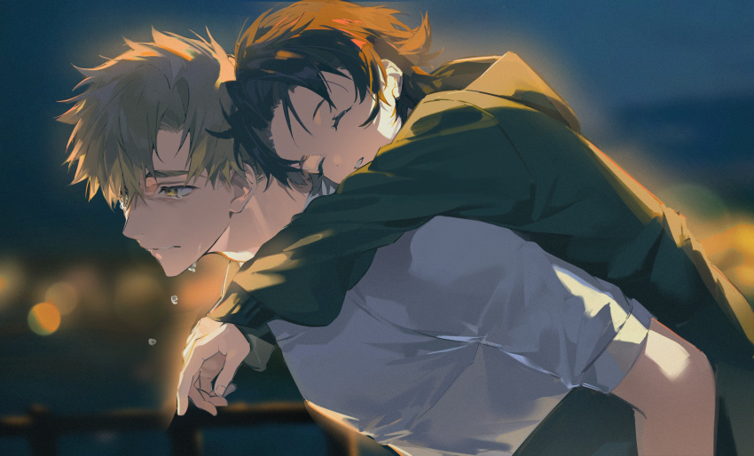 1boy 1girl absurdres akeuraji_tsukasa ameinu black_hair brown_hair carrying closed_eyes highres jacket medalist_(manga) night outdoors parted_lips piggyback shirt short_hair sweat upper_body yuitsuka_inori