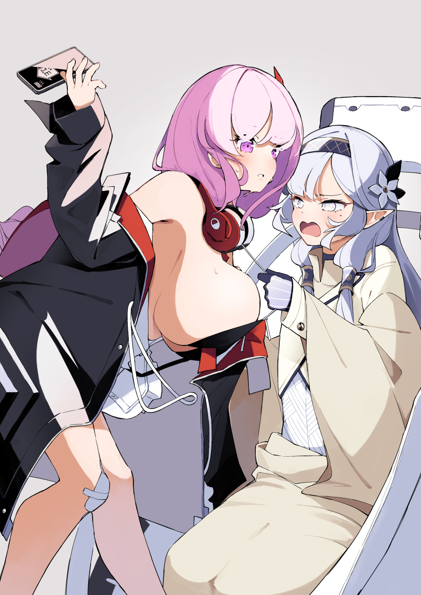 2girls absurdres bikini bikini_pull black_bikini blue_archive blush bra breasts cellphone clothes_pull dropping eimi_(blue_archive) flower gauze_on_knee gloves grey_bra grey_eyes grey_hair hair_flower hair_ornament hair_tubes hairband headphones headphones_around_neck highres himari_(blue_archive) large_breasts long_hair long_sleeves mole mole_under_eye multiple_girls off_shoulder phone pink_eyes pink_hair pointy_ears shirt sitting smartphone stole sweat swimsuit underwear white_shirt yuki_hishaku