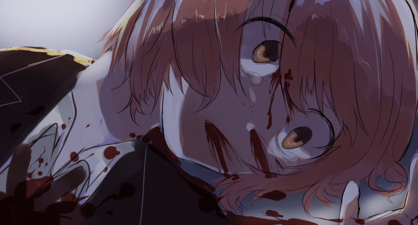 1girl akai_ringo_(eveyuno) bad_end blood blood_from_mouth blood_on_clothes blood_on_face brown_eyes collared_shirt death english_commentary highres lying nosebleed original pink_hair ryona shirt short_hair solo tears wide-eyed