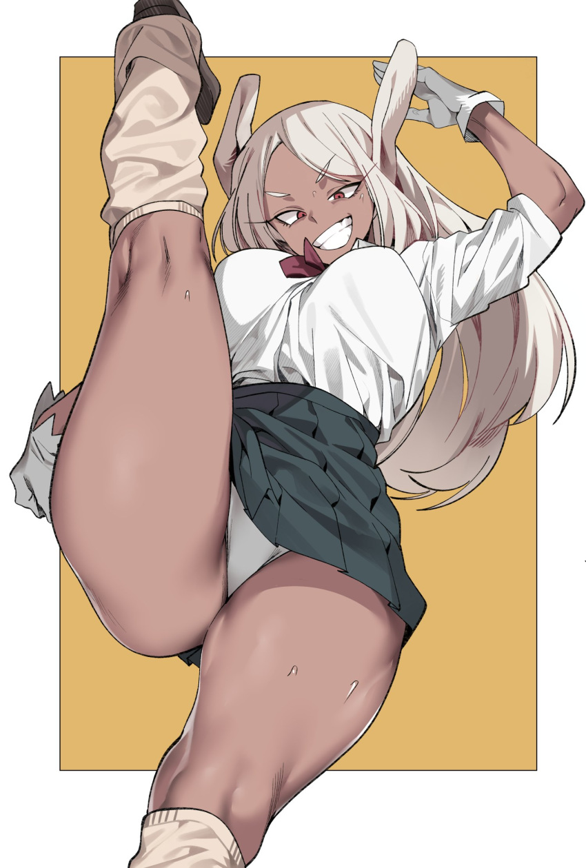 1girl :d animal_ears black_footwear black_skirt boku_no_hero_academia border breasts dark-skinned_female dark_skin gloves hand_up highres large_breasts leg_up long_eyelashes long_hair looking_at_viewer loose_socks mirko panties parted_bangs pleated_skirt rabbit_ears rabbit_girl red_eyes school_uniform shirt shirt_tucked_in skirt smile socks solo sweat teeth thick_thighs thighs toned underwear urec white_border white_gloves white_hair white_panties white_shirt yellow_background