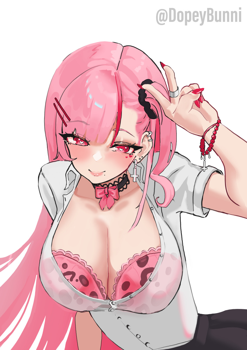 1girl absurdres alternate_costume animal_print blush bra bracelet breasts choker cleavage dopeybunni ear_piercing earrings gyaru highres hololive hololive_english inverted_cross_earrings jewelry large_breasts leopard_print long_hair mori_calliope piercing pink_bra pink_eyes pink_hair print_bra red_nails shirt short_sleeves simple_background solo underwear upper_body v virtual_youtuber white_background white_shirt