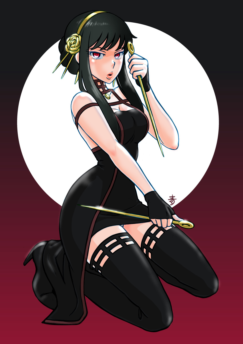 1girl absurdres aobito_sukoyaka_bystander black_dress black_hair boots breasts cleavage dagger dress gold_hairband hairband high_heel_boots high_heels highres holding holding_weapon kneeling knife large_breasts looking_at_viewer panties panty_peek parted_lips red_eyes sidelocks solo spy_x_family stiletto_(weapon) thigh_boots underwear weapon yor_briar