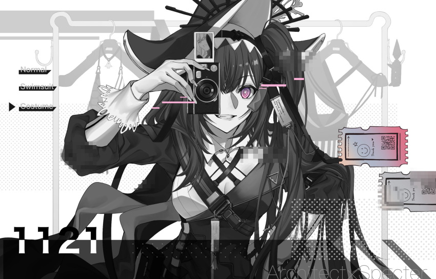 1girl architect_(girls'_frontline) arknights black_dress black_hair black_hat breasts bright_pupils camera chest_strap cleavage clothes_hanger clothes_rack clothing_cutout collar commission commissioner_upload criss-cross_straps detached_collar dress english_text frilled_cuffs gager_(girls'_frontline) girls'_frontline greyscale hand_on_own_hip hat_ornament highres holding holding_camera long_hair monochrome non-web_source one_side_up photo_(object) pointy_hat purple_eyes qr_code rabb_horn shoulder_strap smile smiley_face solo specter_(arknights) specter_the_unchained_(arknights) teeth ticket upper_body very_long_hair white_collar white_pupils