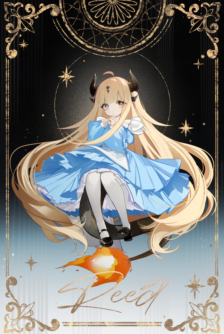 1girl absurdly_long_hair absurdres aged_down ahoge apron arknights black_footwear blonde_hair blue_dress blue_eyes character_name child closed_mouth commentary_request dragon_horns dragon_tail dress flame-tipped_tail full_body hands_up highres horns long_hair long_sleeves looking_at_viewer mary_janes pantyhose puffy_sleeves reed_(arknights) shoes solo star_(symbol) tail very_long_hair white_apron white_pantyhose zaocan_nai_cha