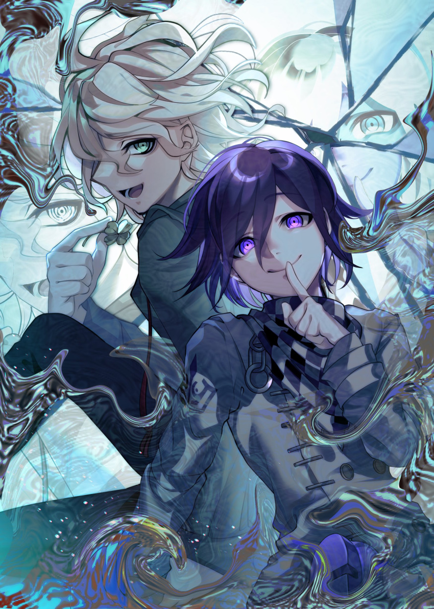 2boys absurdres backlighting buttons checkered_clothes checkered_scarf commentary_request crack cracked_glass danganronpa_(series) danganronpa_2:_goodbye_despair danganronpa_v3:_killing_harmony distortion finger_to_mouth flipped_hair glowing glowing_eyes green_eyes hair_between_eyes highres jacket komaeda_nagito light_particles long_sleeves looking_at_viewer male_focus medium_hair multiple_boys nota_sayaka oma_kokichi open_mouth purple_eyes purple_hair reflection scarf short_hair shushing sitting smile straitjacket wavy_hair white_hair