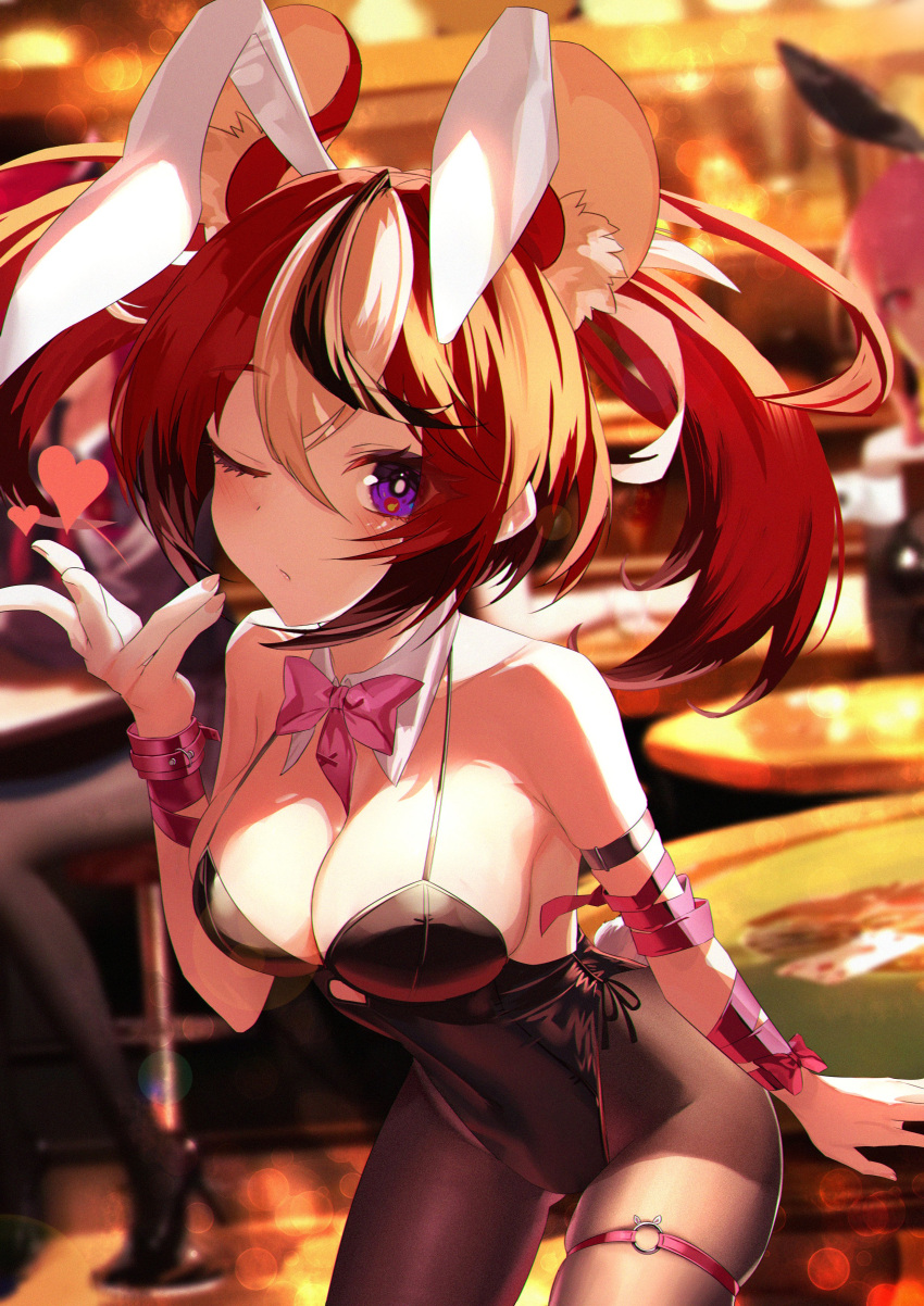 absurdres animal_ears black_leotard blowing_kiss blue_eyes bow bowtie breasts casino casino_card_table cleavage detached_collar fingernails hakos_baelz heart highres hololive hololive_english jiang_ye_kiri leotard mori_calliope mouse_ears multicolored_hair one_eye_closed pink_bow pink_bowtie pink_ribbon playboy_bunny rabbit_ears rabbit_tail red_hair ribbon streaked_hair table tail thigh_strap twintails