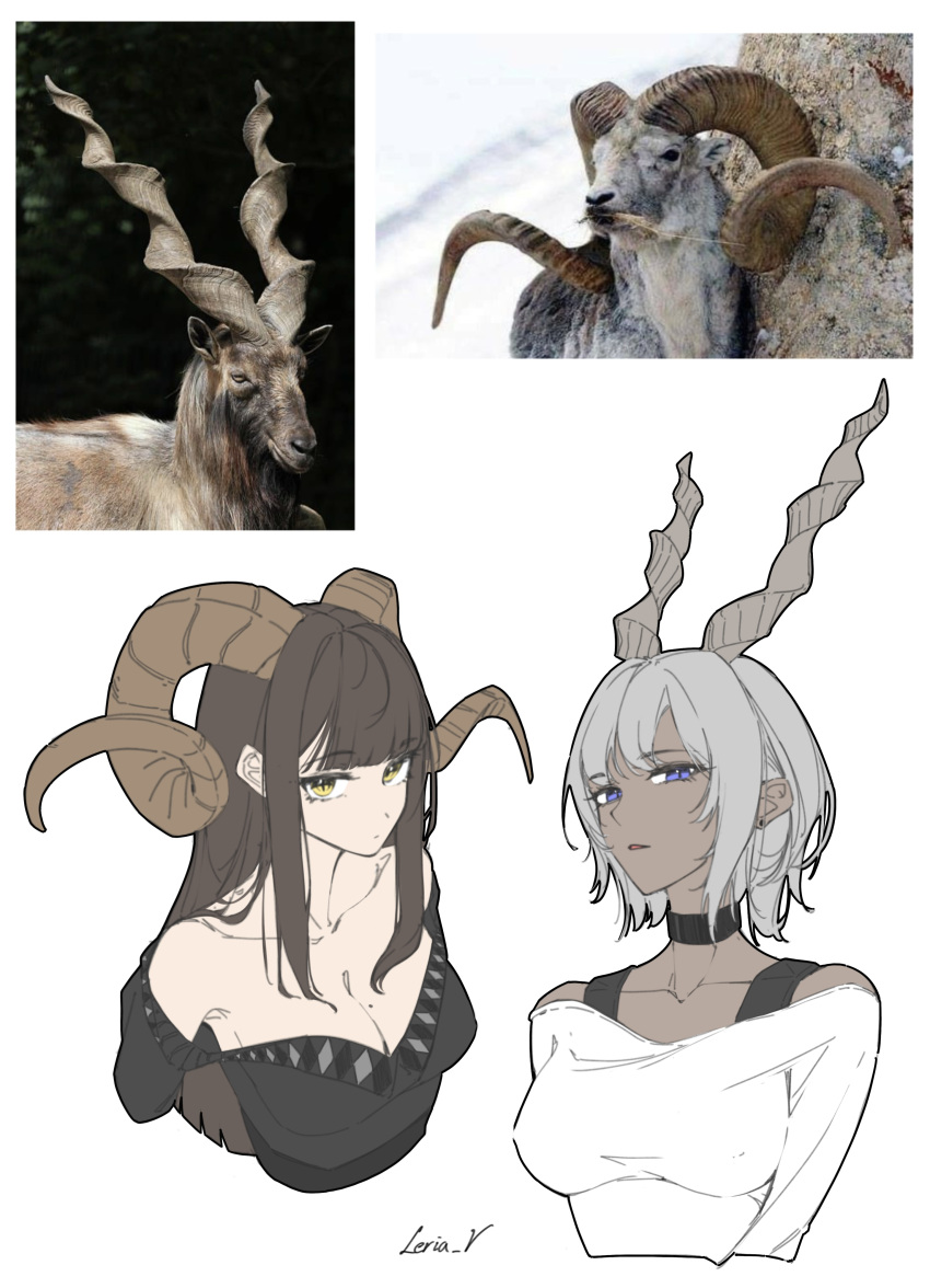 2girls absurdres breasts brown_hair curled_horns dark-skinned_female dark_skin goat_horns grey_hair highres horns leria_v mole mole_on_breast multiple_girls off_shoulder original photo_background purple_eyes sheep_horns simple_background twitter_username upper_body white_background yellow_eyes