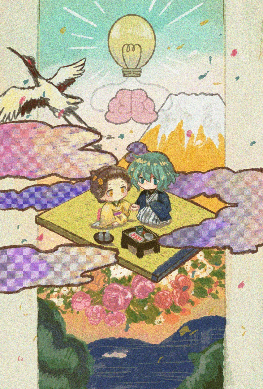 1boy 1girl ayazuki_mei back_bow bird blue_jacket blue_sky blue_sleeves bottle bow bowl brown_hair cloud commentary_request confetti crane_(animal) day flower food green_eyes green_hair hair_bun hair_flower hair_ornament haori highres hishida_shunsou holding_hands jacket japanese_clothes kimono light_bulb long_sleeves meiji_tokyo_renka mount_fuji no_mouth notice_lines obi orange_flower outdoors pillarboxed pink_bow pink_flower pink_rose plate rose sake_bottle sash seiza short_hair single_hair_bun sitting sky striped_clothes striped_kimono sugi_haeru tatami tree vertical-striped_clothes vertical-striped_kimono white_kimono wide_sleeves yellow_eyes yellow_kimono yukata