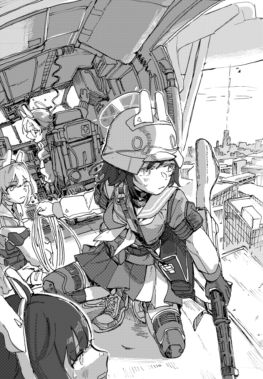 4girls absurdres animal_ears bag belt_pouch blue_archive city cityscape combat_helmet dithering fake_animal_ears gloves greyscale gun halo helicopter_interior helmet highres holding holding_gun holding_rope holding_weapon knee_pads lahti-saloranta_m/26 long_sleeves miyako_(blue_archive) miyu_(blue_archive) moe_(blue_archive) monochrome multiple_girls neckerchief pleated_skirt pouch rabbit_ears rabbit_platoon_(blue_archive) rope round_eyewear sailor_collar saki_(blue_archive) school_uniform shoes short_hair skirt small_sweatdrop sneakers squatting stahlhelm umiwashi vehicle_interior weapon