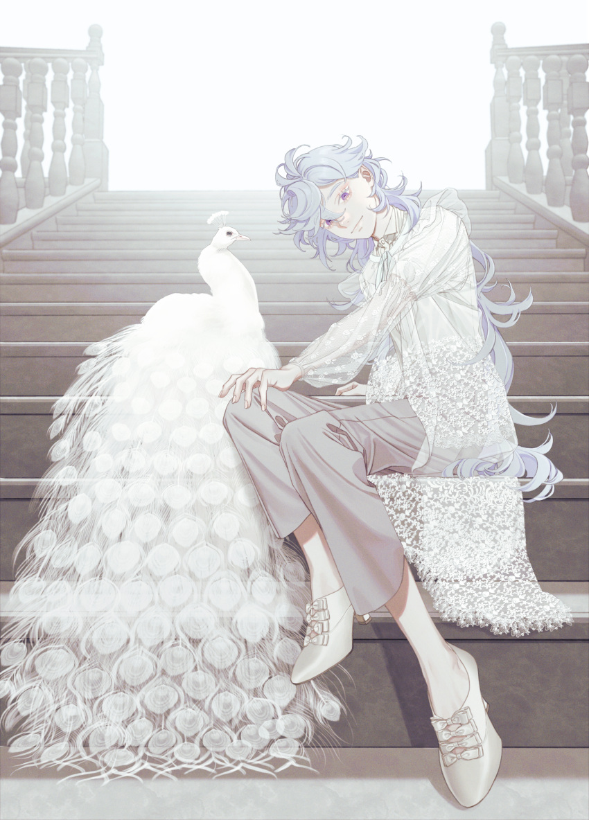 1boy absurdres alternate_costume bird buttons collared_shirt fate/grand_order fate_(series) hair_between_eyes high_heels highres long_hair long_sleeves looking_at_viewer male_focus merlin_(fate) pants peacock purple_eyes see-through shirt shoes smile solo someki_noi stairs white_hair