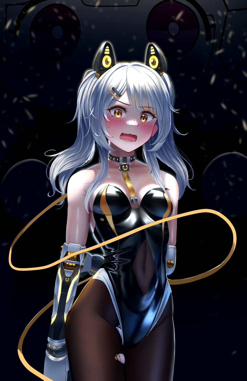 1girl absurdres anger_vein animal_ears arm_behind_back asymmetrical_bangs bare_arms bare_shoulders black_collar black_leotard blush breasts collar covered_navel english_text fake_animal_ears fang grey_hair hair_ornament hairclip headgear highres joints karenina:_scire_(punishing:_gray_raven) karenina_(punishing:_gray_raven) leotard manjo_(warito) mechanical_arms open_mouth orange_eyes pantyhose punishing:_gray_raven robot_joints sidelocks small_breasts solo torn_clothes torn_pantyhose twintails