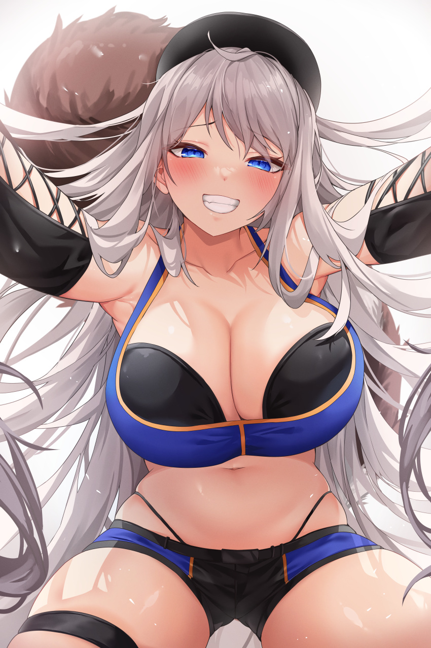 1girl absurdres beret black_hat black_panties black_shorts blue_bra blue_eyes blush bra breasts cleavage collarbone commission deogho_(liujinzy9854) detached_sleeves english_commentary grey_hair grin hat highleg highleg_panties highres large_breasts long_hair looking_at_viewer navel original outstretched_arms panties shorts sidelocks smile solo thigh_strap thighs underwear very_long_hair