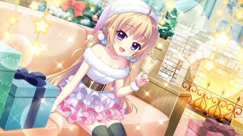 1girl bare_shoulders belt black_thighhighs blue_eyes blurry blurry_foreground box breasts brick_wall brown_belt christmas christmas_ornaments christmas_tree cleavage collarbone couch cup dot_nose dress drink dutch_angle film_grain fire fireplace game_cg gift gift_box hat holding holding_cup holding_drink indoors itsumura_haruka izumi_tsubasu jewelry layered_skirt lens_flare light_brown_hair long_hair looking_at_viewer low_twintails necklace non-web_source off-shoulder_dress off_shoulder official_art on_couch open_mouth pearl_necklace pink_hat plant plate potted_plant re:stage! rug santa_hat short_dress sitting skirt small_breasts smile snowflake_print solo sparkle star_(symbol) thighhighs tinsel twintails white_dress white_wristband wooden_floor zettai_ryouiki