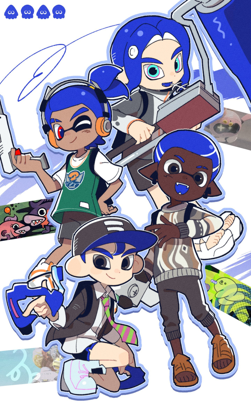 4boys afro baseball_cap blue_hair dapple_dualies_(splatoon) dark-skinned_male dark_skin flingza_roller_(splatoon) grey_eyes gun hat hg_swdiary highres holding holding_gun holding_weapon inkling inkling_boy inkling_player_character male_focus multiple_boys n-zap_(splatoon) octoling octoling_boy octoling_player_character one_eye_closed pointy_ears print_headwear red_eyes short_hair short_ponytail splashtag_(splatoon) splatana_stamper_(splatoon) splatoon_(series) splatoon_3 squatting tentacle_hair weapon white_background