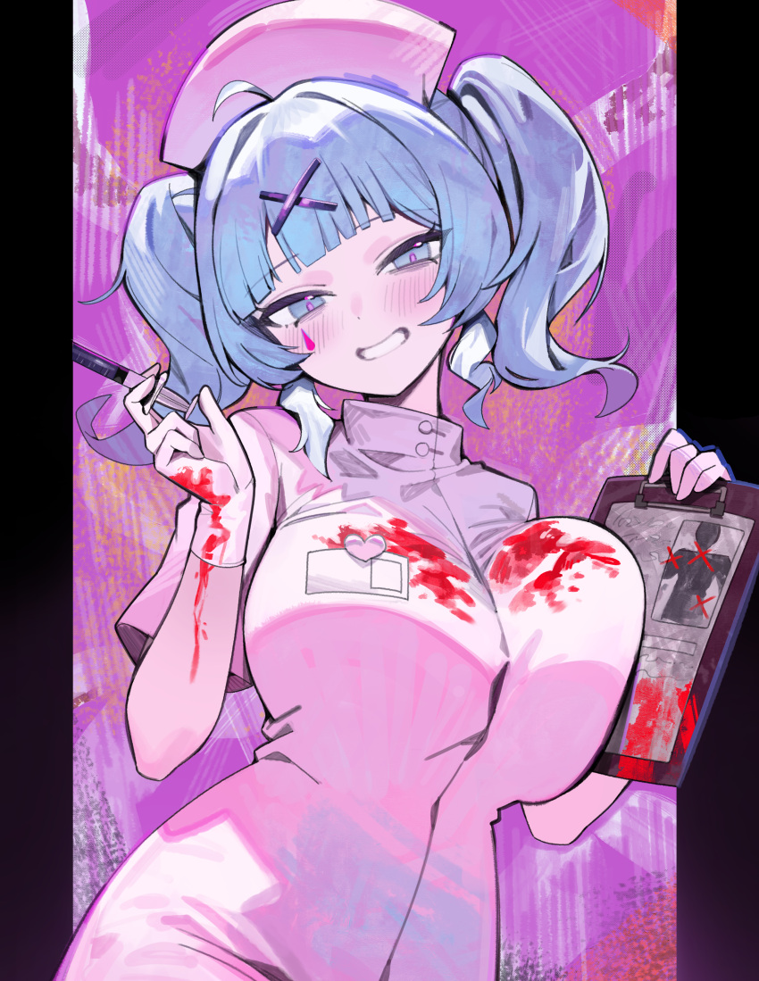 1girl absurdres blood blood_on_clothes blue_eyes blue_hair blunt_bangs blush breasts clipboard coat gloves hair_ornament hat hatsune_miku highres holding holding_clipboard holding_syringe large_breasts long_hair looking_at_viewer nogong nurse nurse_cap pink_coat pink_pupils pink_theme rabbit_hole_(vocaloid) solo syringe teardrop twintails upper_body vocaloid white_gloves x_hair_ornament