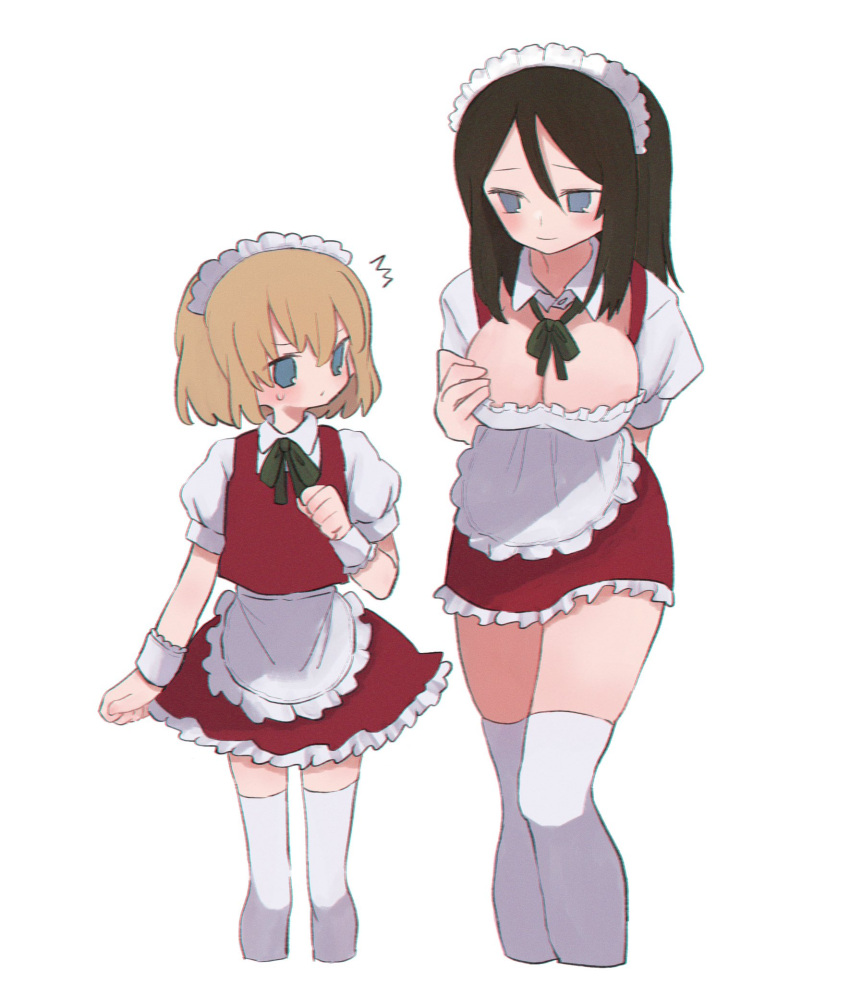 2girls alternate_costume blonde_hair blue_eyes breast_envy breasts brown_hair cleavage enmaided girls_und_panzer highres katyusha_(girls_und_panzer) large_breasts long_hair looking_at_another maid maid_headdress multiple_girls nonna_(girls_und_panzer) puffy_short_sleeves puffy_sleeves ri_(qrcode) short_hair short_sleeves thighhighs white_thighhighs