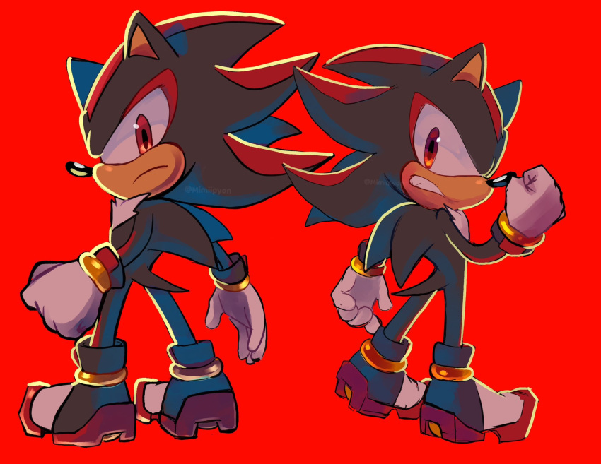 1boy black_footwear black_fur clenched_hand clenched_teeth furry furry_male highres mimiipyon multicolored_footwear multiple_views red_background red_eyes red_footwear red_fur shadow_the_hedgehog shoes simple_background sonic_(series) tail teeth two-tone_fur white_footwear