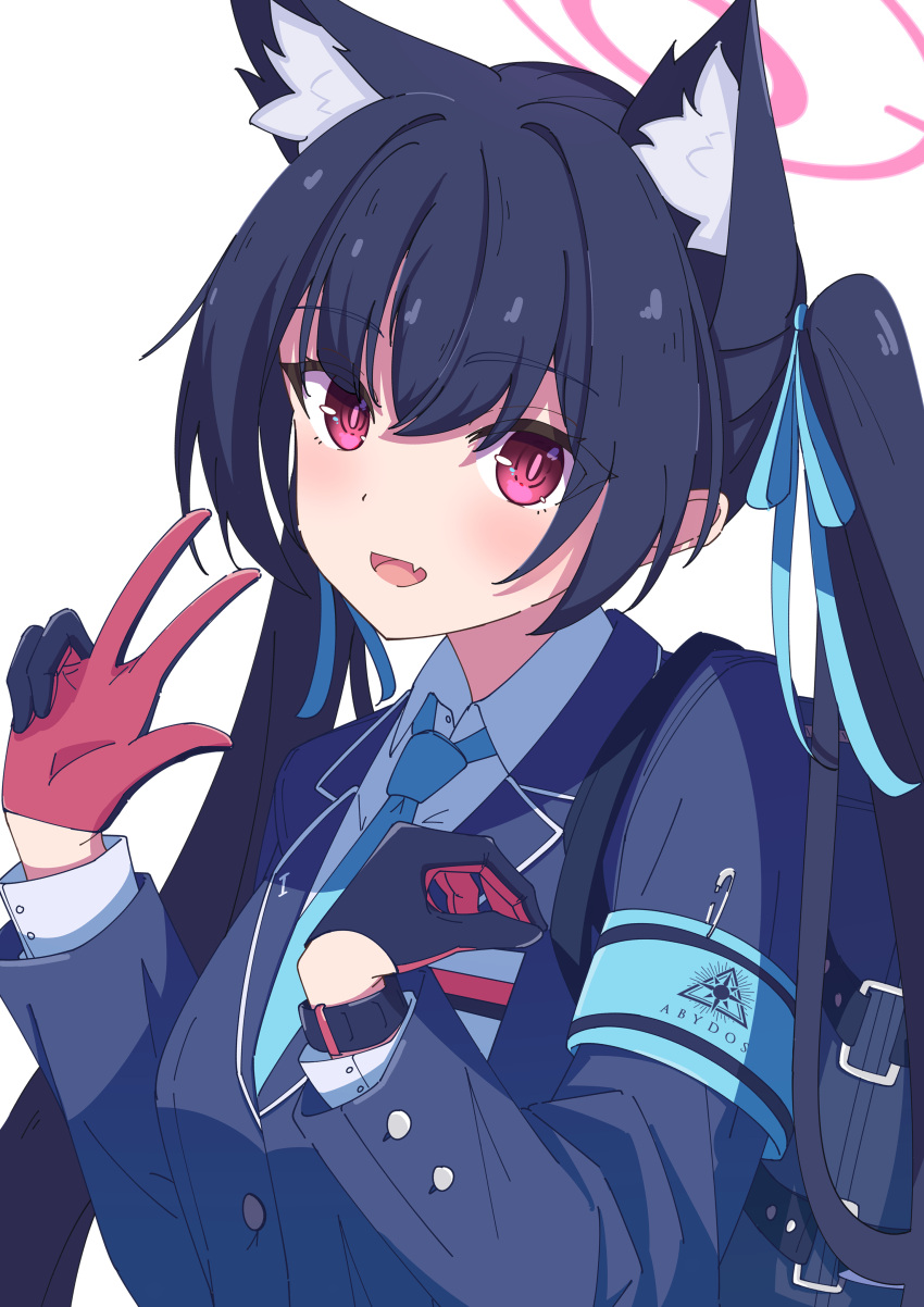 1girl absurdres animal_ear_fluff animal_ears aot. bag black_gloves blue_archive blue_ribbon cat_ears collar collared_shirt fang gloves hair_between_eyes hair_ribbon halo highres long_hair long_sleeves looking_at_viewer open_mouth pink_eyes red_gloves ribbon school_bag school_uniform serika_(blue_archive) shirt simple_background smile solo twintails two-tone_gloves upper_body v watch white_background white_collar white_shirt wristwatch