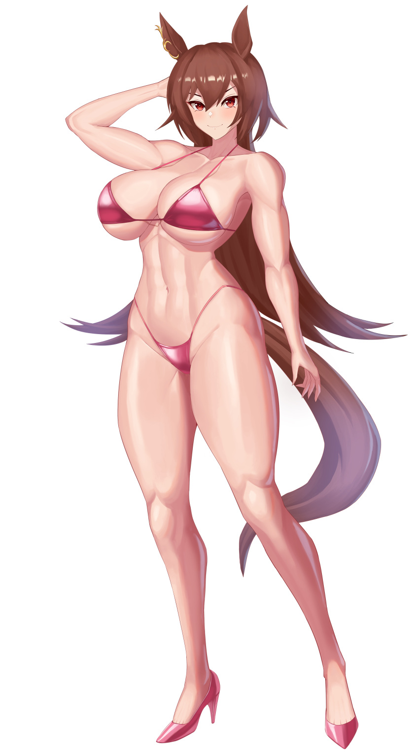 1girl abs absurdres alternate_costume animal_ears bare_shoulders bikini breasts brown_hair cleavage closed_mouth commentary_request commission ear_ornament full_body hair_between_eyes hatch_(hatch24601) high_heels highres horse_ears horse_girl horse_tail large_breasts long_hair looking_at_viewer muscular muscular_female navel red_bikini red_eyes red_footwear sirius_symboli_(umamusume) smile solo swimsuit tail umamusume v-shaped_eyebrows very_long_hair