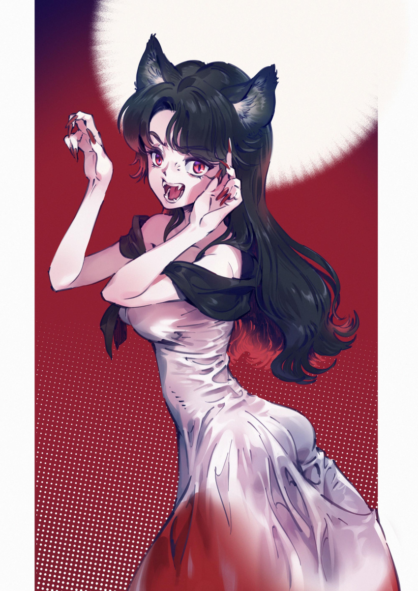 1girl absurdres animal_ear_fluff animal_ears claw_pose dress fangs fingernails gradient_dress highres imaizumi_kagerou long_hair momijigari open_mouth red_background red_eyes red_nails sharp_fingernails solo touhou wolf_ears wolf_girl