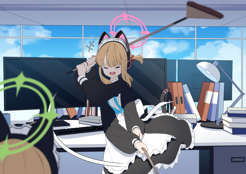 +++ 2girls absurdres animal_ear_headphones animal_ears binder blonde_hair blue_archive blue_ribbon blue_sky blurry blurry_foreground breast_hold breasts cat_ear_headphones cat_tail closed_mouth desk desk_lamp fake_animal_ears fake_tail halo headphones highres indoors keyboard_(computer) lamp long_sleeves maid medium_hair midori_(blue_archive) midori_(maid)_(blue_archive) momoi_(blue_archive) momoi_(maid)_(blue_archive) monitor multiple_girls neck_ribbon open_mouth ribbon round_teeth sidelocks sky swinging tail teeth two_side_up window yuki_hishaku