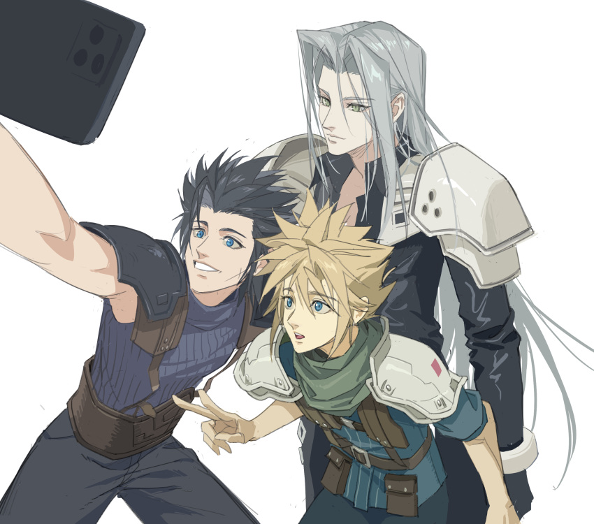 3boys absurdres armor bangle belt black_coat black_hair blonde_hair blue_eyes blue_pants blue_shirt bracelet brown_belt closed_mouth cloud_strife coat crisis_core_final_fantasy_vii dododo final_fantasy final_fantasy_vii green_scarf grey_eyes grey_hair grin hair_between_eyes hair_slicked_back highres jewelry long_bangs long_sleeves male_focus multiple_boys pants parted_bangs parted_lips scarf selfie sephiroth shirt short_hair shoulder_armor sleeveless sleeveless_turtleneck sleeves_rolled_up smile spiked_hair suspenders taking_picture teeth turtleneck upper_body v white_background zack_fair