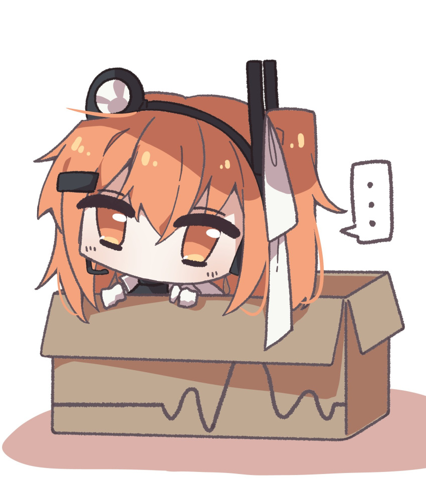 ... 1girl a.i._voice adachi_rei box cardboard_box chibi chibi_only gloves hair_between_eyes hair_ornament hair_ribbon hairclip hamano_yui headlamp headset highres in_box in_container long_hair looking_at_viewer no_mouth no_nose one_side_up orange_eyes orange_hair radio_antenna redrawn ribbon solo sound_wave spoken_ellipsis utau white_background white_gloves white_ribbon