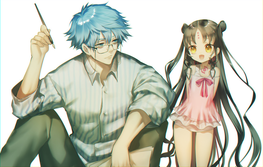1boy 1girl arms_behind_back babydoll black_hair black_pants blue_eyes blue_hair blue_shirt braid chest_tattoo closed_mouth commentary dress_swimsuit eyewear_strap fate/grand_order fate_(series) forehead_tattoo glasses hair_between_eyes hand_up hans_christian_andersen_(adult)_(fate) hans_christian_andersen_(fate) highres holding holding_paper holding_pen long_hair looking_at_another multicolored_hair one-piece_swimsuit open_mouth pants paper pen pink_babydoll pink_hair pink_ribbon rahato ribbon sessyoin_kiara sessyoin_kiara_(lily) shirt short_hair sidelocks simple_background sitting sleeves_past_elbows smile streaked_hair striped_clothes striped_shirt swimsuit tattoo twin_braids two-tone_shirt vertical-striped_clothes vertical-striped_shirt very_long_hair wavy_hair white_background white_one-piece_swimsuit white_shirt yellow_eyes