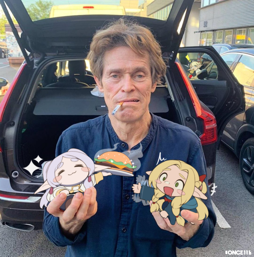 ! 1boy 3girls :3 =_= blonde_hair blue_robe blush_stickers burger car chibi cigarette closed_eyes closed_mouth commentary crossover day dungeon_meshi elf elf-san_wa_yaserarenai. english_commentary erufuda-san food frieren green_eyes highres holding holding_plate long_hair long_pointy_ears looking_at_viewer low_twintails marcille_donato motor_vehicle mouth_hold multiple_crossover multiple_girls old old_man once_11h outdoors parted_bangs photo_background plate pointy_ears real_life robe smile sousou_no_frieren twintails upper_body white_hair willem_dafoe