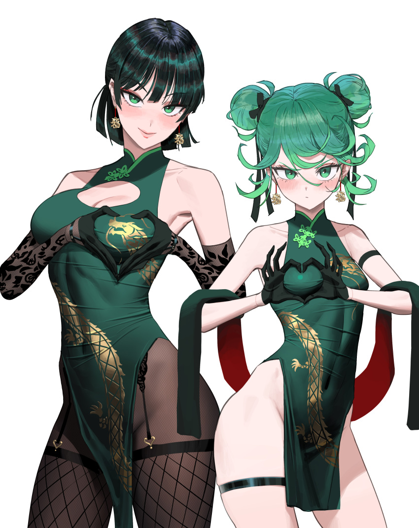 2girls absurdres bare_shoulders blush breasts china_dress chinese_clothes cleavage_cutout clothing_cutout collarbone contrapposto covered_navel double_bun dress earrings fubuki_(one-punch_man) garter_straps green_eyes green_hair hair_bun heart heart_hands highres jewelry large_breasts looking_at_viewer medium_hair multiple_girls no_panties one-punch_man side_slit small_breasts smile tatsumaki thigh_strap thighhighs tsurime wonbin_lee