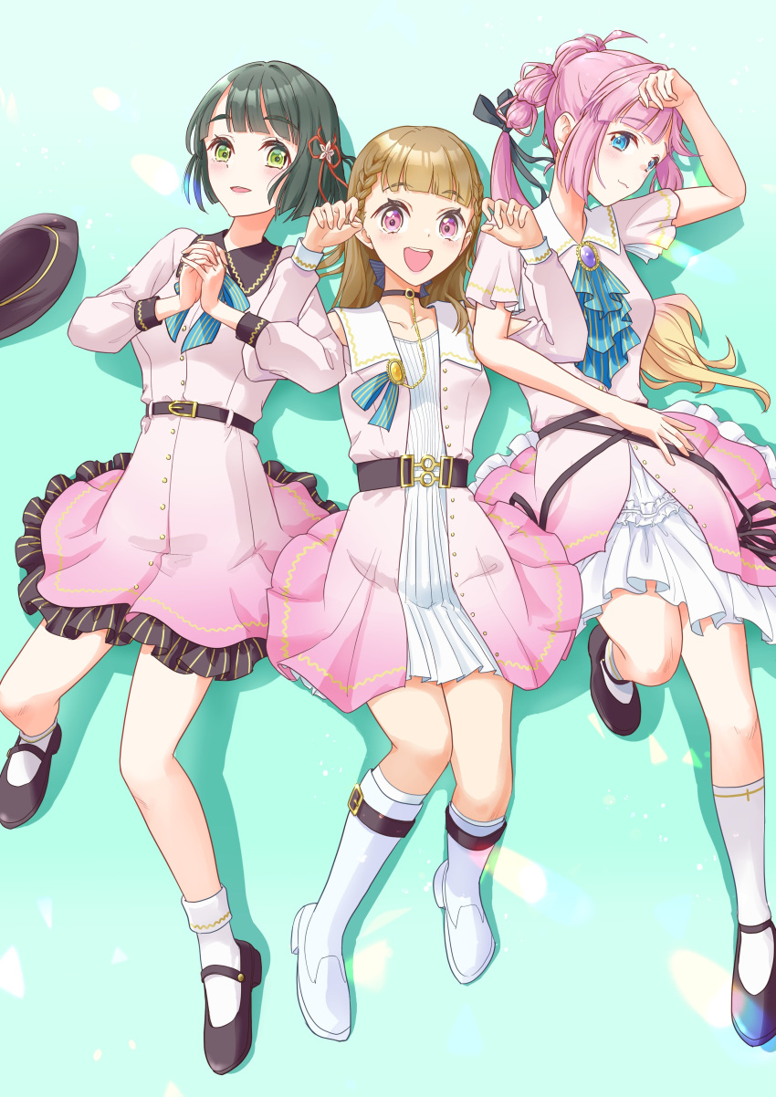 3girls :3 :d absurdres ahoge ankle_boots ankle_socks anyoji_hime aqua_ascot aqua_ribbon beret black_beret black_choker black_hat black_ribbon blonde_hair blue_eyes blunt_bangs blunt_ends boots braid brown_hair center-flap_bangs choker claw_pose closed_mouth clothing_cutout commentary_request dream_believers_(love_live!) dress flower flower_knot frilled_dress frills from_above gradient_dress gradient_hair green_background green_eyes green_hair hair_flower hair_ornament hair_ribbon hand_on_own_forehead hat highres interlocked_fingers kachimachi_kosuzu knee_up knees_up kobassy lens_flare link!_like!_love_live! long_hair long_sleeves looking_at_viewer love_live! lying mary_janes medium_dress momose_ginko multi-tied_hair multicolored_hair multiple_girls neck_ribbon on_back open_clothes open_dress open_mouth own_hands_clasped own_hands_together pink_dress pink_eyes pink_hair ponytail ribbed_dress ribbon shadow shoes short_hair short_sleeves shoulder_cutout side_braids sidelocks sleeve_cuffs smile socks straight_hair swept_bangs teeth unworn_hat unworn_headwear upper_teeth_only very_long_hair virtual_youtuber white_dress white_footwear white_socks