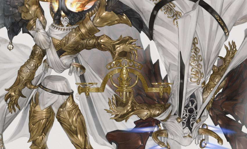2boys absurdres armor closed_eyes closed_mouth dual_persona final_fantasy final_fantasy_xiv fire gauntlets gold_armor highres horns multiple_boys nald'thal rotational_symmetry tladpwl03 weighing_scale wings