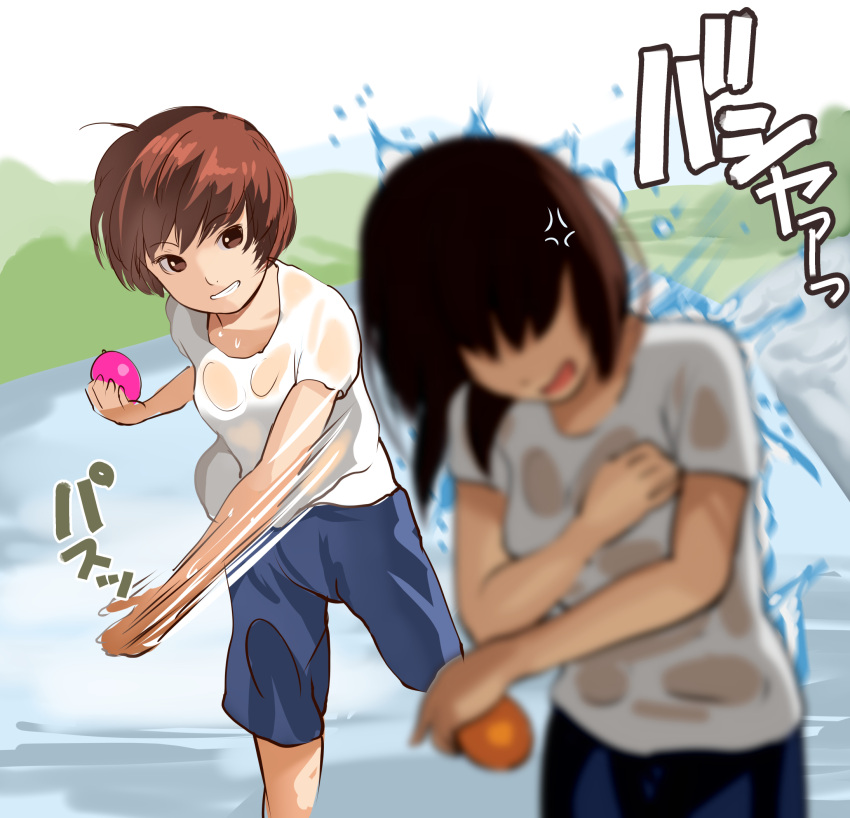 2girls anger_vein bad_id bad_twitter_id black_hair blue_shorts blurry blurry_foreground breasts brown_eyes brown_hair faceless faceless_female grin highres holding inactive_account jishimaru motion_lines multiple_girls no_bra open_mouth original outdoors see-through shirt shorts smile standing standing_on_one_leg throwing water water_balloon wet wet_clothes wet_shirt