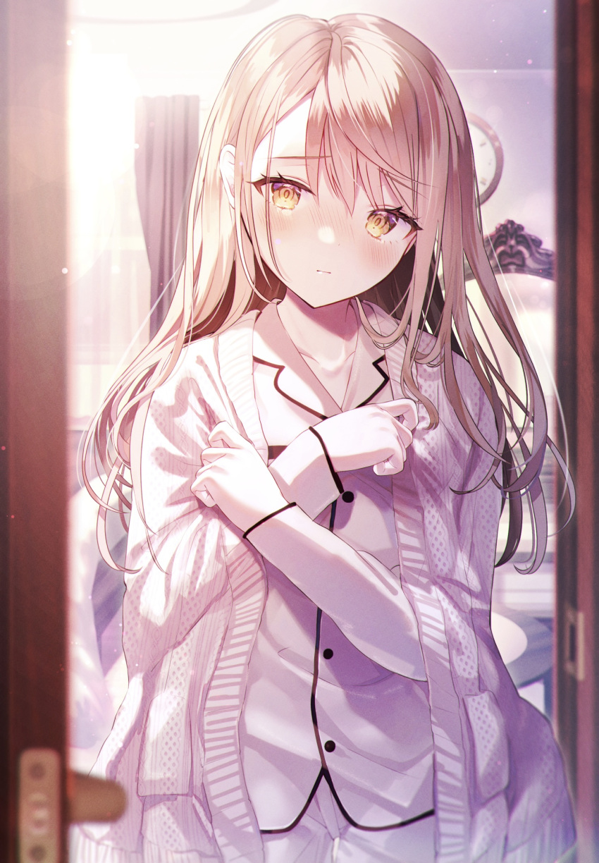 1girl bedroom blonde_hair blush cardigan closed_mouth collarbone cover cover_page curtains doorway eyelashes frown hair_between_eyes highres indoors kappe_reeka long_hair long_sleeves mirror novel_cover novel_illustration official_art open_cardigan open_clothes original shy solo standing upper_body window yellow_eyes