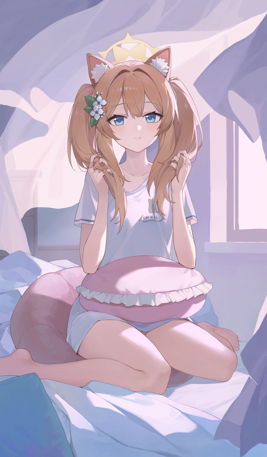 1girl absurdres alternate_costume animal_ear_fluff animal_ears barefoot blue_archive blue_eyes broken_(7589468) cat_ears closed_mouth commentary_request curtains frilled_pillow frills halo hands_in_own_hair hands_up highres indoors long_hair looking_at_viewer mari_(blue_archive) on_bed orange_hair pillow shirt short_sleeves sitting smile solo twintails wariza white_shirt yellow_halo