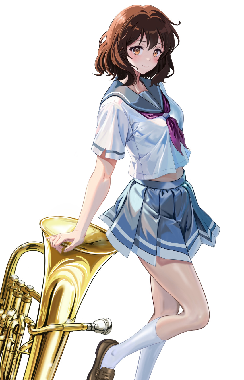 1girl absurdres blue_sailor_collar blue_skirt brown_eyes brown_footwear brown_hair commentary_request euphonium hibike!_euphonium highres instrument kitauji_high_school_uniform kneehighs loafers looking_at_viewer midriff_peek neckerchief oumae_kumiko pink_neckerchief pleated_skirt sailor_collar school_uniform serafuku shirt shoes short_hair skirt smile socks solo summer_uniform white_background white_shirt white_socks zaofeng