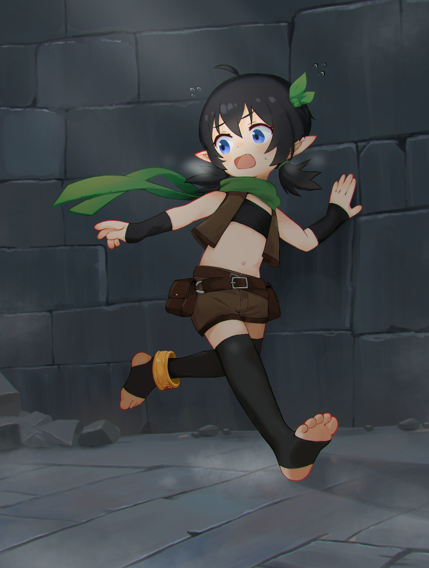 1girl absurdres anklet barefoot belt belt_pouch black_hair blue_eyes brown_shorts chinese_commentary commentary_request commission fang fleeing flying_sweatdrops full_body green_scarf highres jewelry kuma-bound low_twintails midriff navel open_mouth original pixiv_commission pouch running scarf shorts soles solo stirrup_legwear sweat toeless_legwear toes twintails