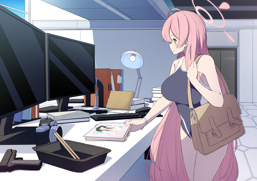 1girl absurdres ahoge bag blue_archive blue_one-piece_swimsuit book book_stack braid breasts camera chopsticks desk desk_lamp feet_out_of_frame green_eyes gun halo hanako_(blue_archive) handgun highres indoors keyboard_(computer) lamp long_hair magazine_(object) monitor one-piece_swimsuit pink_hair pink_halo shoulder_bag solo swimsuit tray very_long_hair weapon yuki_hishaku