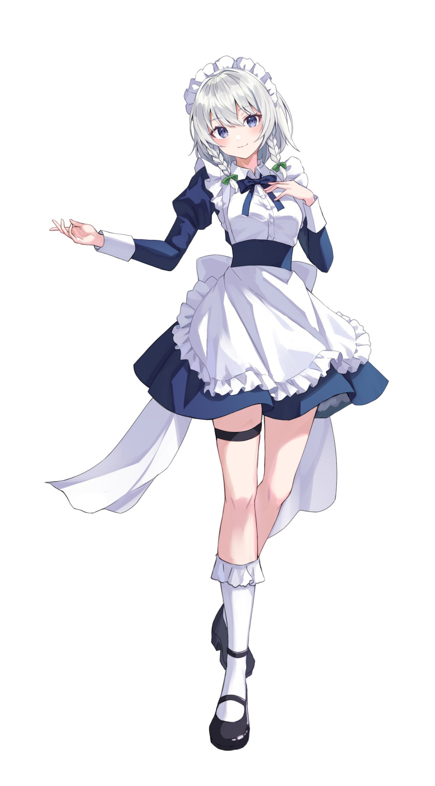1girl absurdres apron black_footwear blue_bow blue_bowtie bow bowtie braid closed_mouth commentary dress green_bow grey_hair hair_bow highres izayoi_sakuya juliet_sleeves kure~pu long_hair long_sleeves looking_at_viewer maid maid_apron maid_headdress puffy_sleeves purple_eyes smile solo thigh_strap touhou twin_braids waist_apron white_apron