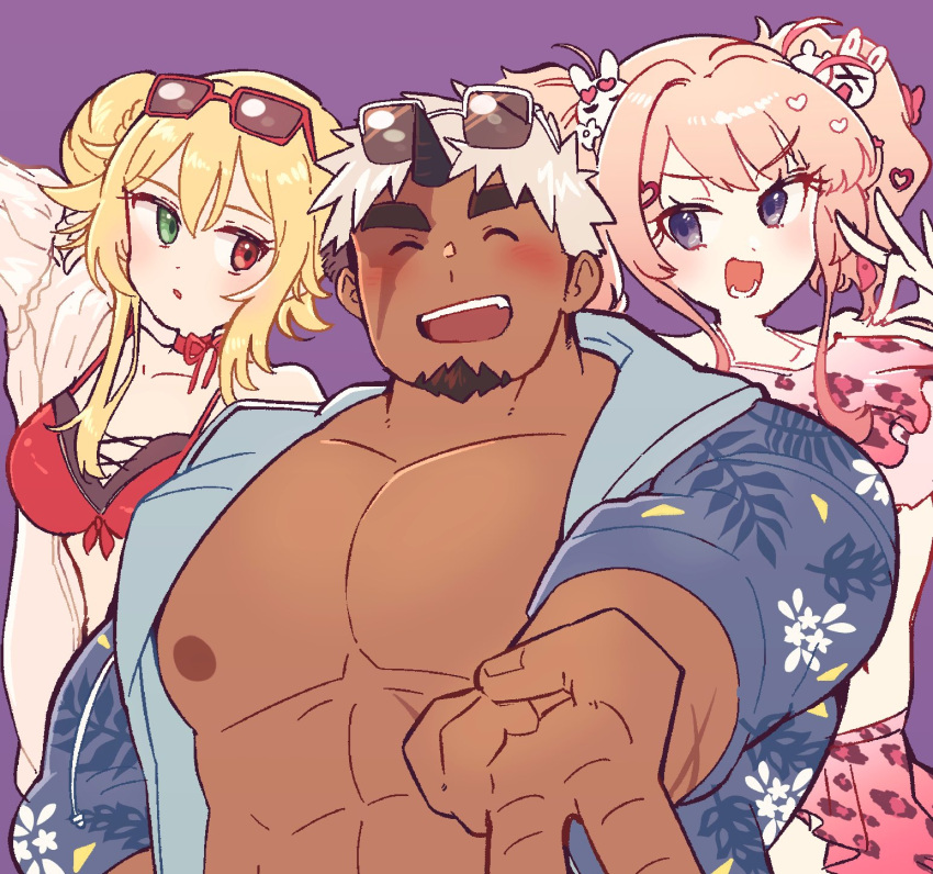 1boy 2girls ^_^ abs akiha_gongen_(housamo) ame_no_uzume_(housamo) animal_print arm_behind_head bara bare_pectorals black_hair blonde_hair blush breasts choker closed_eyes cross_scar dark-skinned_male dark_skin ellie_(housamo) eyewear_on_head facial_hair flower fox_shadow_puppet goatee gyaru_v hair_flower hair_ornament hawaiian_shirt heart heart_hair_ornament highres horns huge_eyebrows large_pectorals leopard_print looking_at_another medium_bangs multicolored_hair multiple_girls muscular muscular_male nipples open_clothes open_shirt pectorals pink_hair purple_background rabbit_hair_ornament red_choker sawch_cls scar scar_across_eye scar_on_arm scar_on_stomach shirt short_hair sideburns simple_background single_horn swimsuit tokyo_afterschool_summoners twintails two-tone_hair upper_body v white_hair