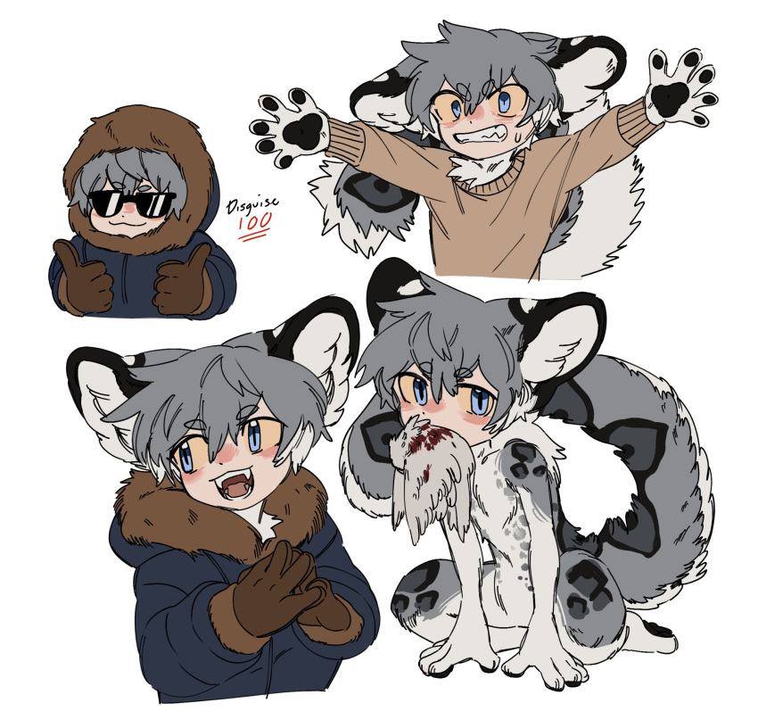 1boy :3 animal_ear_fluff animal_feet animal_hands blue_eyes blue_jacket body_fur brown_gloves carcass clenched_teeth closed_mouth dead_animal deviidog0 english_commentary english_text fangs full_body fur-trimmed_hood fur-trimmed_jacket fur_trim gloves grey_fur grey_hair hands_up highres hood hood_down hood_up jacket kneeling long_sleeves looking_at_viewer male_focus monster_boy mouth_hold multiple_views original outstretched_arms own_hands_together short_eyebrows short_hair simple_background snow_leopard_boy snow_leopard_ears snow_leopard_tail spread_arms sunglasses teeth thumbs_up white_background yellow_pupils