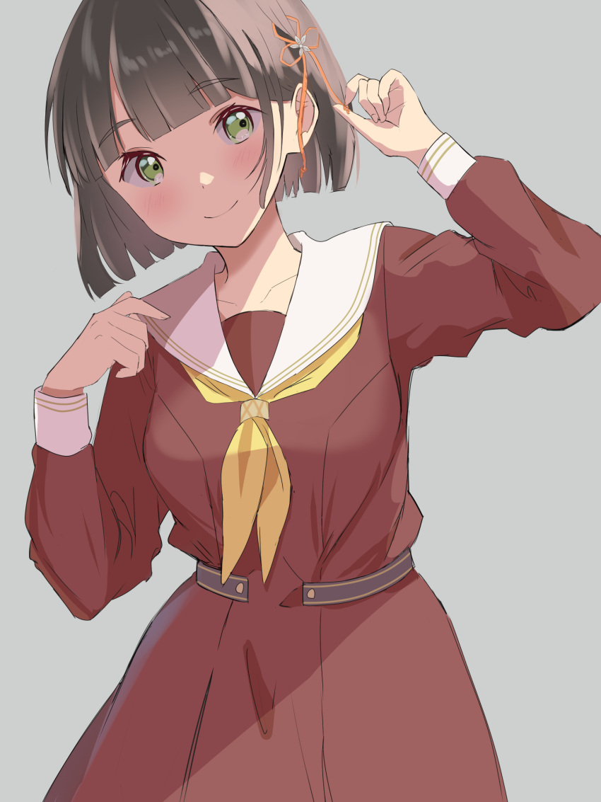 1girl arm_up black_hair blunt_bangs blunt_ends blush breasts brown_dress closed_mouth collarbone commentary cowboy_shot dress flower flower_knot green_eyes grey_background hair_flower hair_ornament hand_up hasu_no_sora_school_uniform head_tilt highres holding holding_hair_ornament link!_like!_love_live! long_sleeves looking_at_viewer love_live! masaki_(masakinariya) medium_breasts momose_ginko neckerchief pleated_dress sailor_collar sailor_dress school_uniform short_hair simple_background smile solo virtual_youtuber white_sailor_collar winter_uniform yellow_neckerchief
