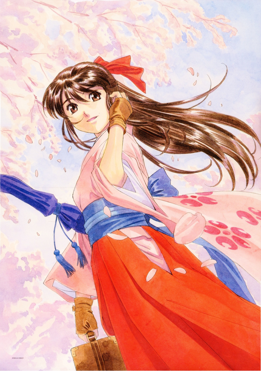 1990s_(style) 1girl absurdres artist_name black_hair blue_sash blue_sky brown_eyes brown_gloves cherry_blossoms cowboy_shot dutch_angle falling_petals fingerless_gloves floral_print floral_print_kimono gloves hair_ornament hair_ribbon hakama hakama_skirt half_updo hand_in_own_hair highres holding holding_suitcase japanese_clothes kimono long_hair long_sleeves looking_ahead looking_at_hand matsubara_hidenori obi official_art open_mouth petals pink_kimono pink_sleeves ponytail purple_tassel red_hakama red_ribbon retro_artstyle ribbon sakura_taisen sash scan sega shinguuji_sakura sidelocks skirt sky smile solo standing suitcase wide_sleeves